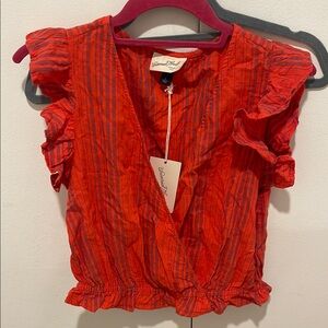 Women's Red Striped Ruffle Top